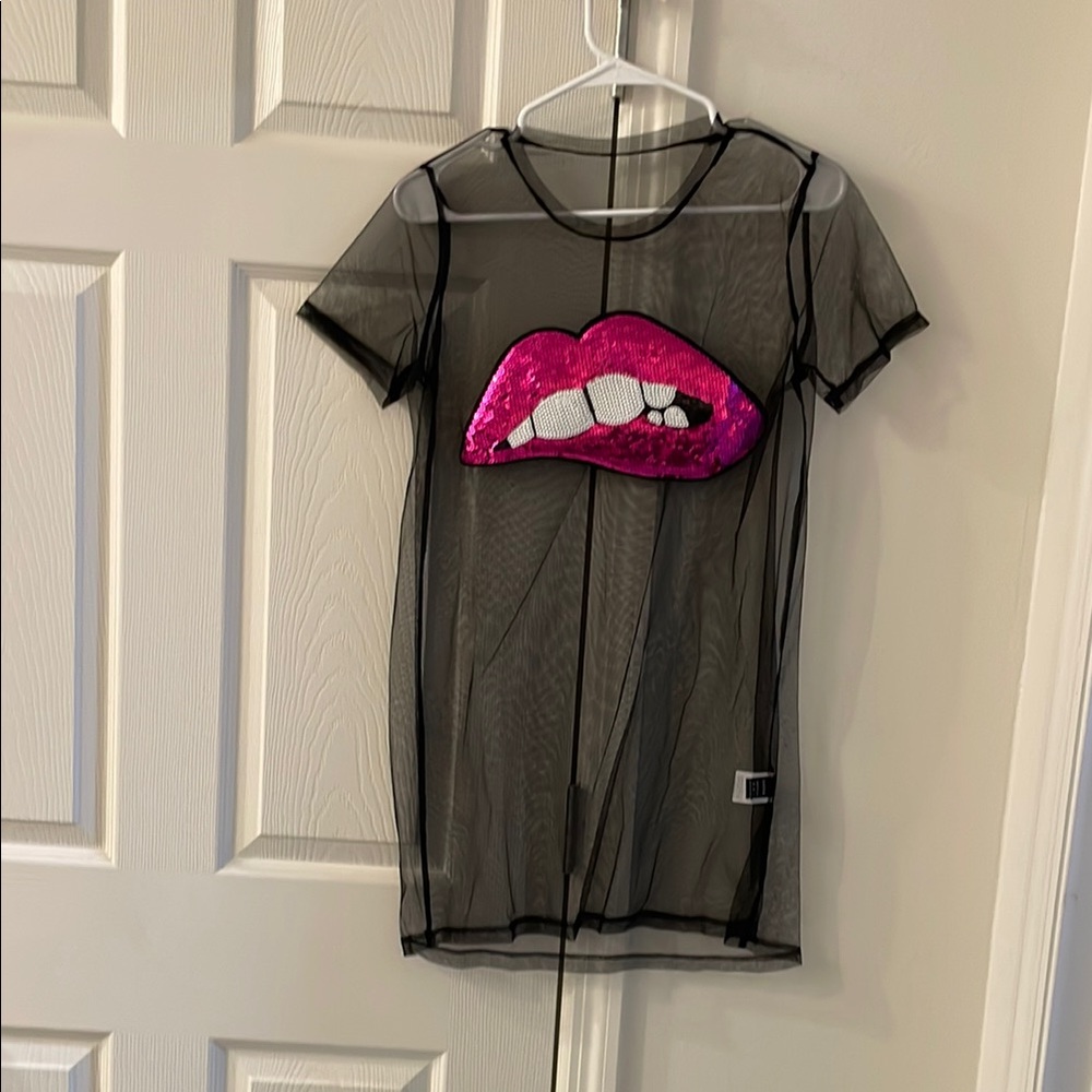 SHEIN Black Sheer Dress with Pink Sequin Detail